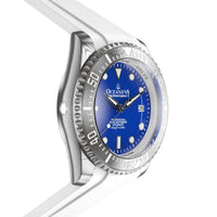 Thumbnail for Oceaneva Mens Deep Marine Explorer II Damascus Steel Watch Blue Dial White Rubber - DM200BL-WhiteStrap Automatic watches, damascus steel, Damascus Steel Watch, Diver watch, White FKM rubber strap