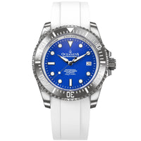 Thumbnail for Oceaneva Mens Deep Marine Explorer II Damascus Steel Watch Blue Dial White Rubber - DM200BL-WhiteStrap Automatic watches, damascus steel, Damascus Steel Watch, Diver watch, White FKM rubber strap