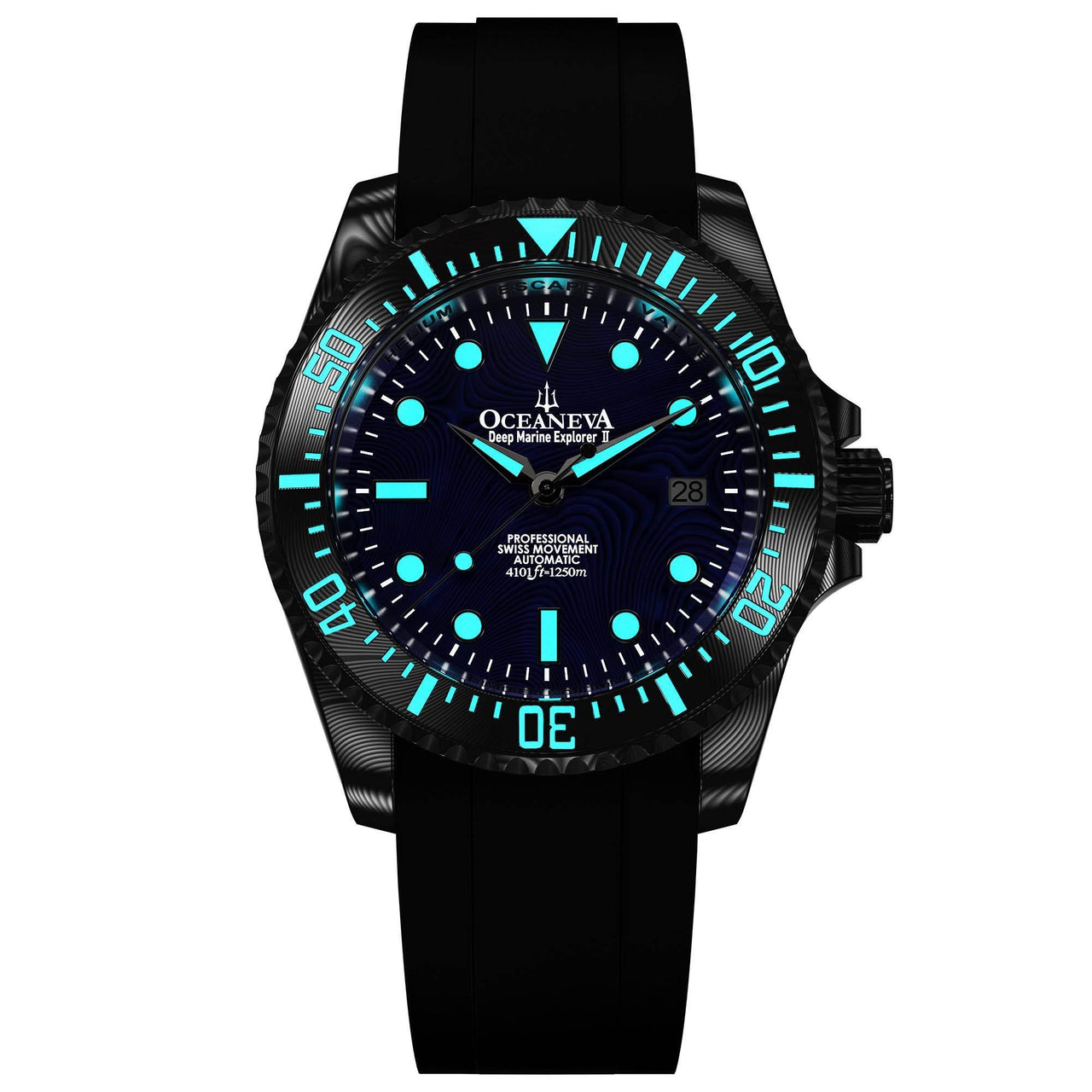 Oceaneva Mens Deep Marine Explorer II Blue Damascus Steel Dial Watch Rubber - DM200BLDM Automatic watches, Black FKM rubber strap, damascus steel, Damascus Steel Watch, Diver watch
