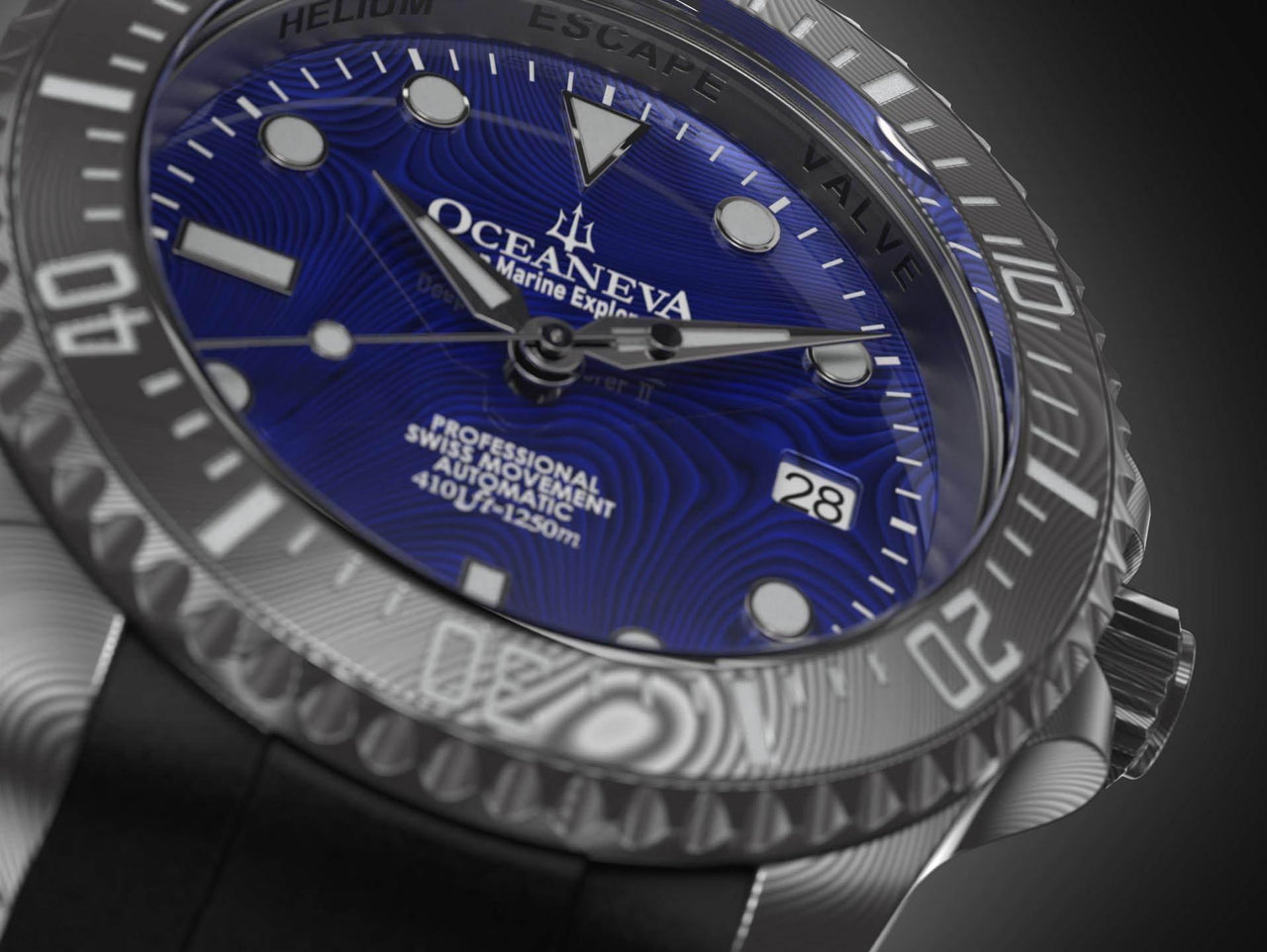 Oceaneva Mens Deep Marine Explorer II Blue Damascus Steel Dial Watch Rubber - DM200BLDM Automatic watches, Black FKM rubber strap, damascus steel, Damascus Steel Watch, Diver watch