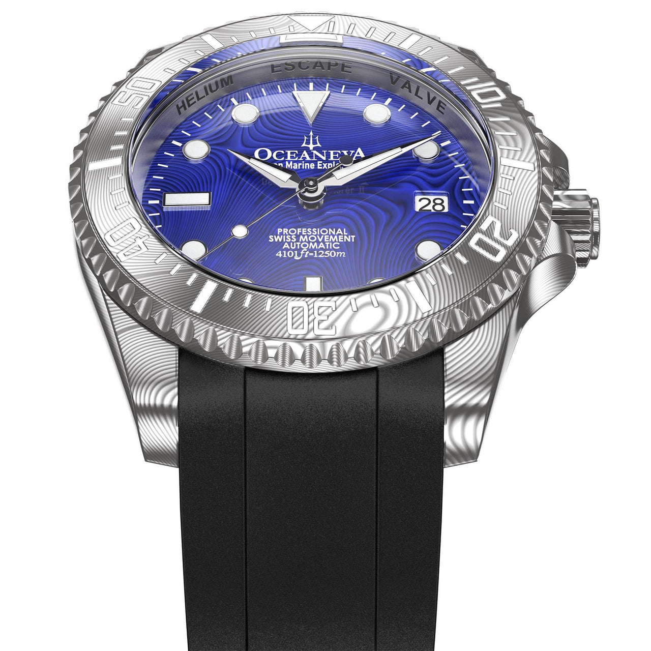 Oceaneva Mens Deep Marine Explorer II Blue Damascus Steel Dial Watch Rubber - DM200BLDM Automatic watches, Black FKM rubber strap, damascus steel, Damascus Steel Watch, Diver watch