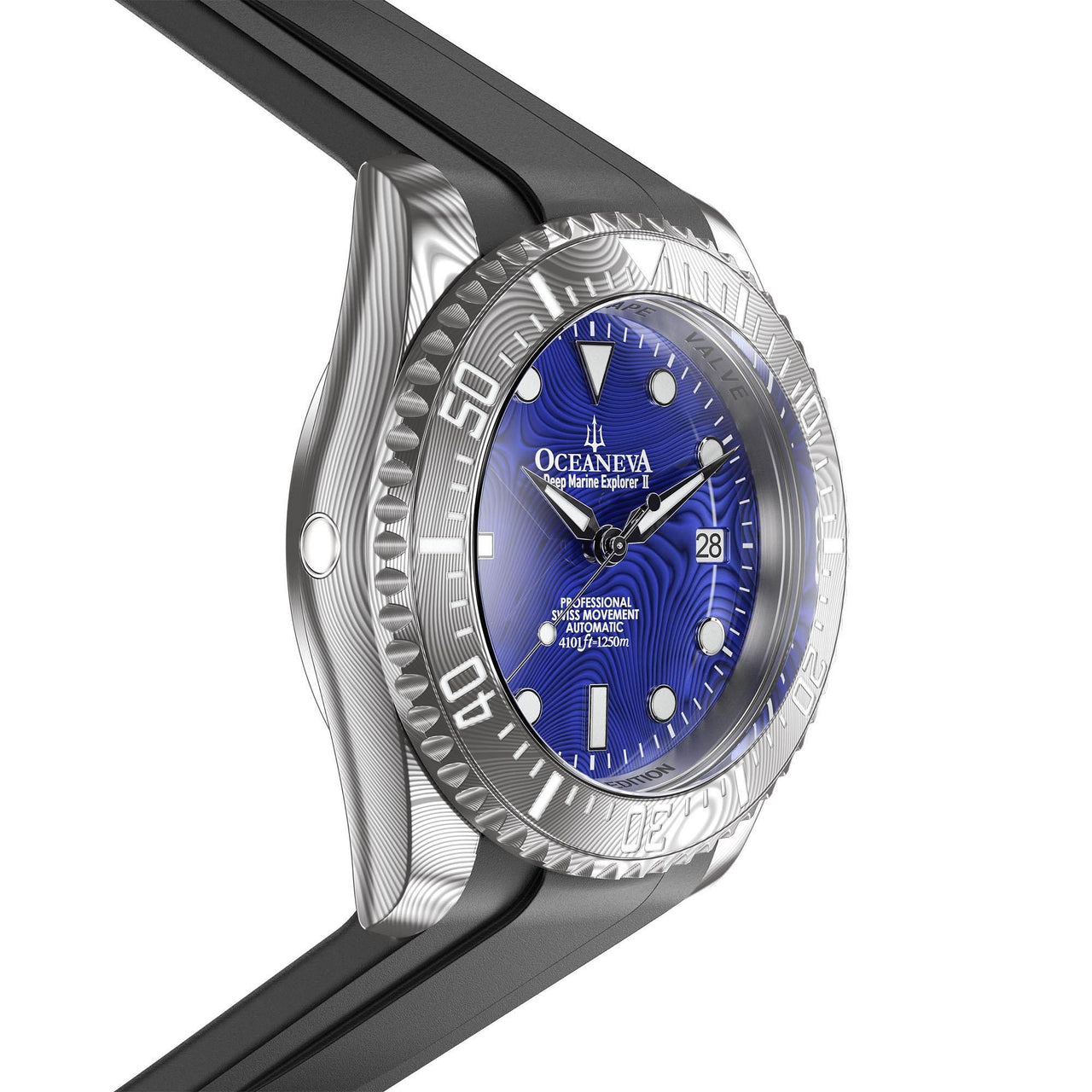 Oceaneva Mens Deep Marine Explorer II Blue Damascus Steel Dial Watch Rubber - DM200BLDM Automatic watches, Black FKM rubber strap, damascus steel, Damascus Steel Watch, Diver watch
