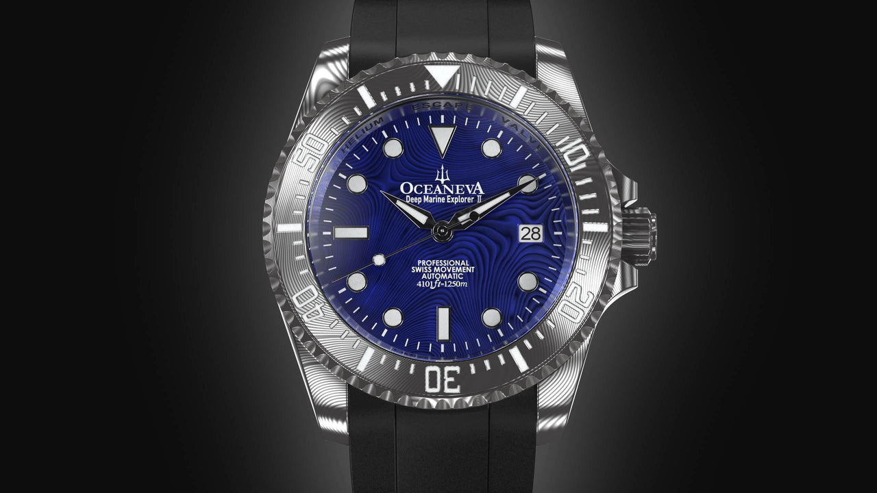 Oceaneva Mens Deep Marine Explorer II Blue Damascus Steel Dial Watch Rubber - DM200BLDM Automatic watches, Black FKM rubber strap, damascus steel, Damascus Steel Watch, Diver watch