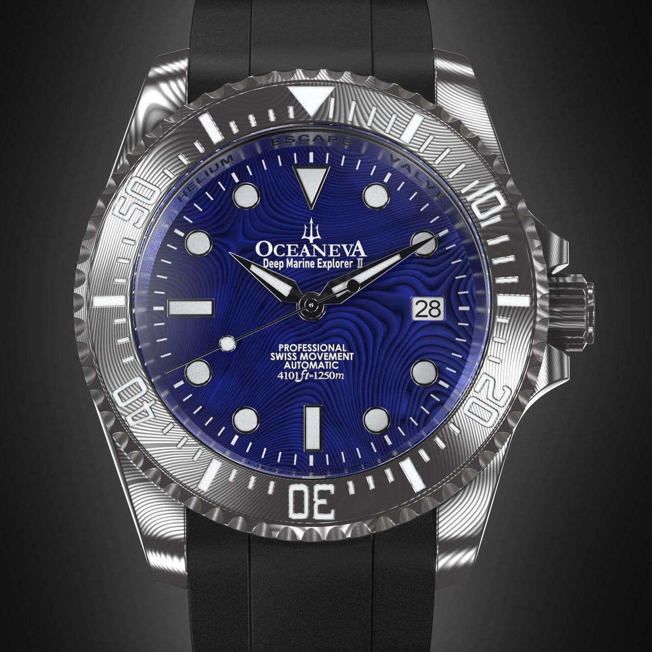 Oceaneva Mens Deep Marine Explorer II Blue Damascus Steel Dial Watch Rubber - DM200BLDM Automatic watches, Black FKM rubber strap, damascus steel, Damascus Steel Watch, Diver watch