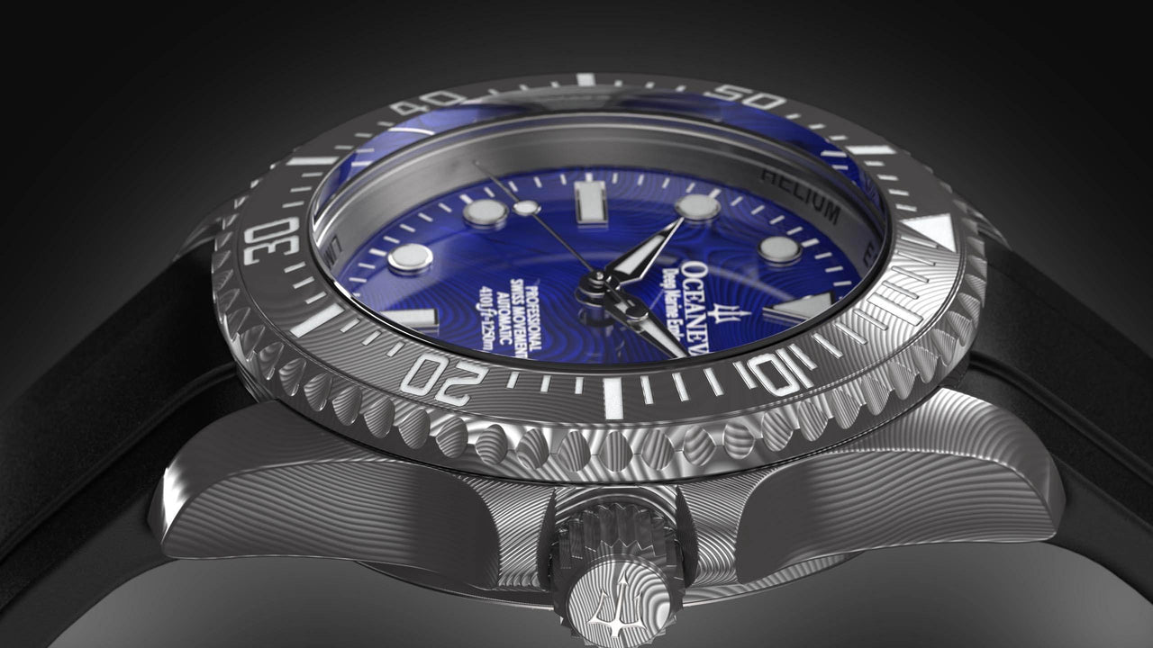 Oceaneva Mens Deep Marine Explorer II Blue Damascus Steel Dial Watch Rubber - DM200BLDM Automatic watches, Black FKM rubber strap, damascus steel, Damascus Steel Watch, Diver watch