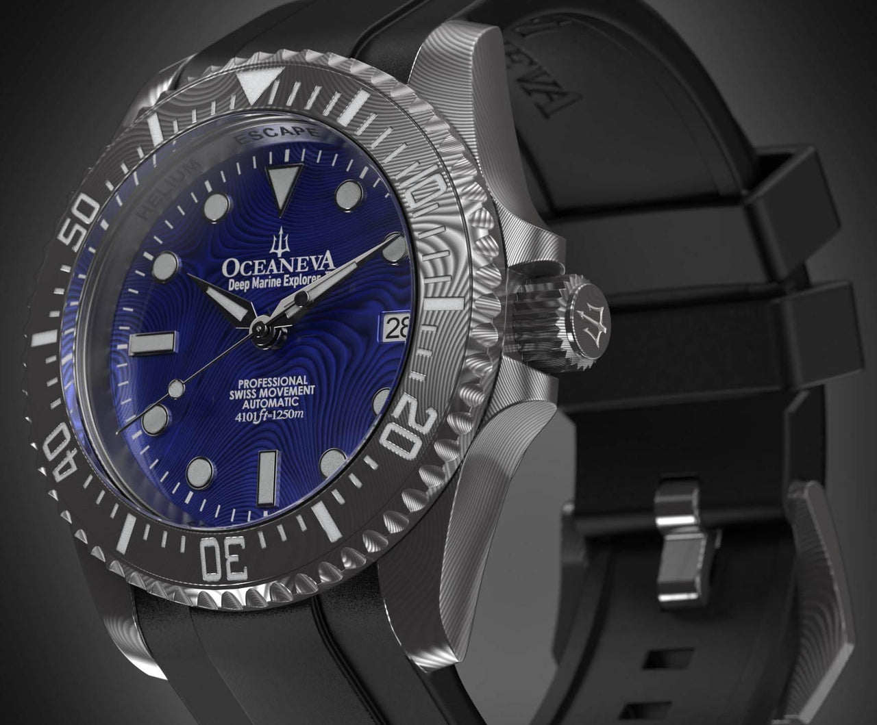 Oceaneva Mens Deep Marine Explorer II Blue Damascus Steel Dial Watch Rubber - DM200BLDM Automatic watches, Black FKM rubber strap, damascus steel, Damascus Steel Watch, Diver watch