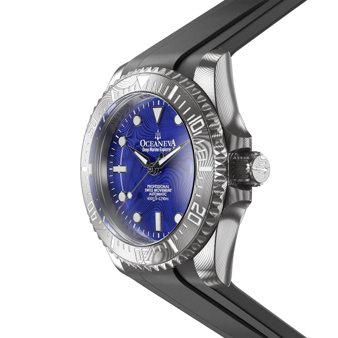 Oceaneva Mens Deep Marine Explorer II Blue Damascus Steel Dial Watch Rubber - DM200BLDM Automatic watches, Black FKM rubber strap, damascus steel, Damascus Steel Watch, Diver watch