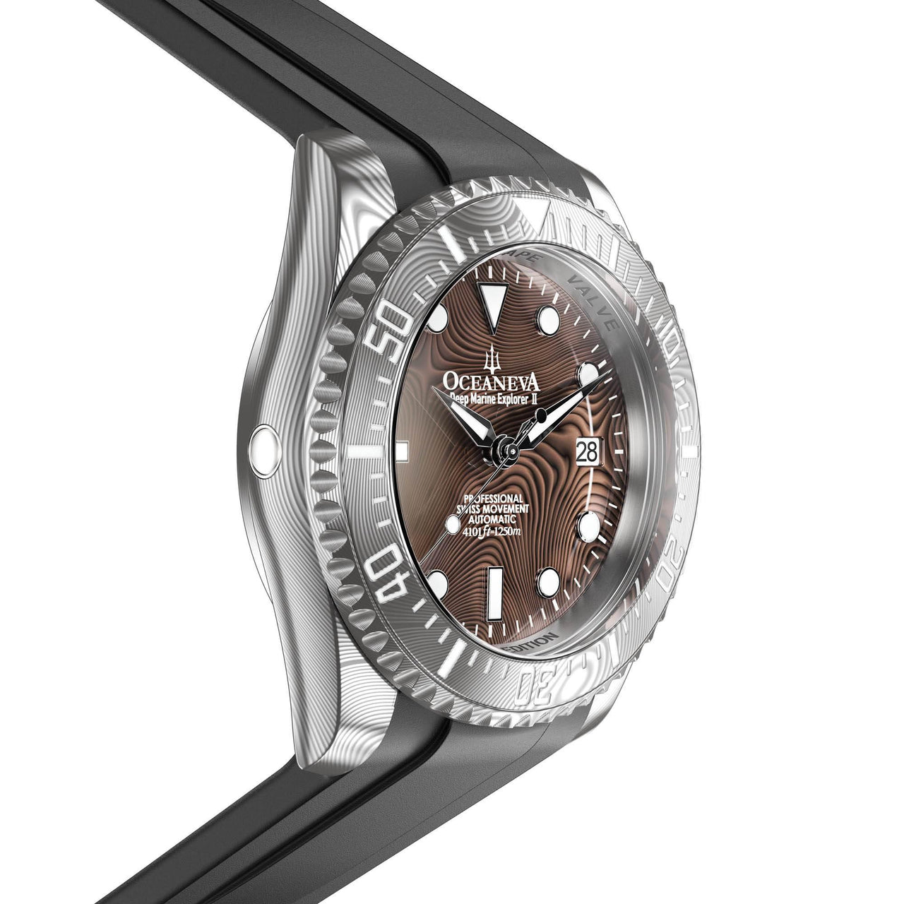Oceaneva Mens Deep Marine Explorer II Coffee Brown Damascus Steel Dial Watch Rubber - DM200CFDM Automatic watches, Black FKM rubber strap, damascus steel, Damascus Steel Watch, Diver watch