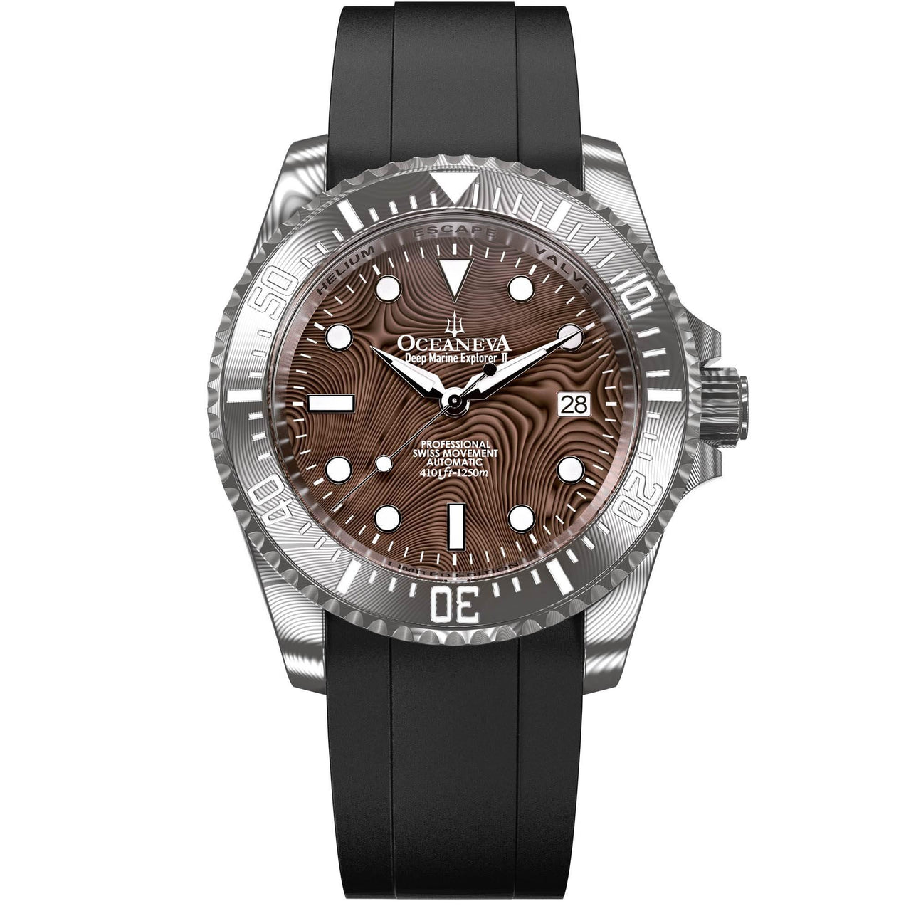 Oceaneva Mens Deep Marine Explorer II Coffee Brown Damascus Steel Dial Watch Rubber - DM200CFDM Automatic watches, Black FKM rubber strap, damascus steel, Damascus Steel Watch, Diver watch