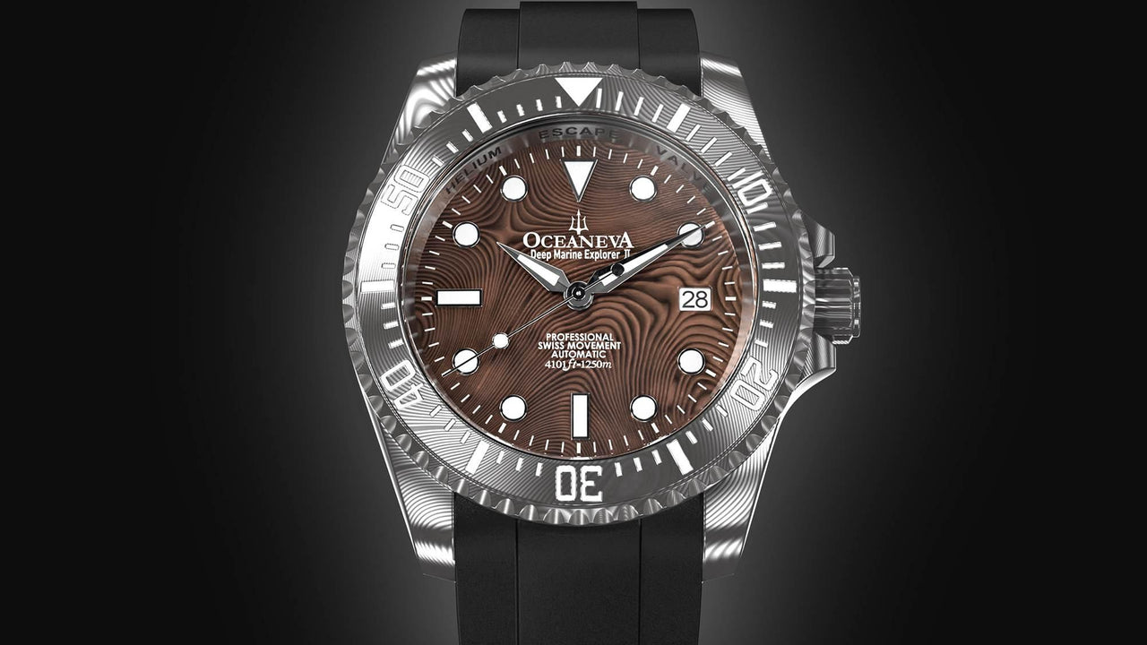 Oceaneva Mens Deep Marine Explorer II Coffee Brown Damascus Steel Dial Watch Rubber - DM200CFDM Automatic watches, Black FKM rubber strap, damascus steel, Damascus Steel Watch, Diver watch