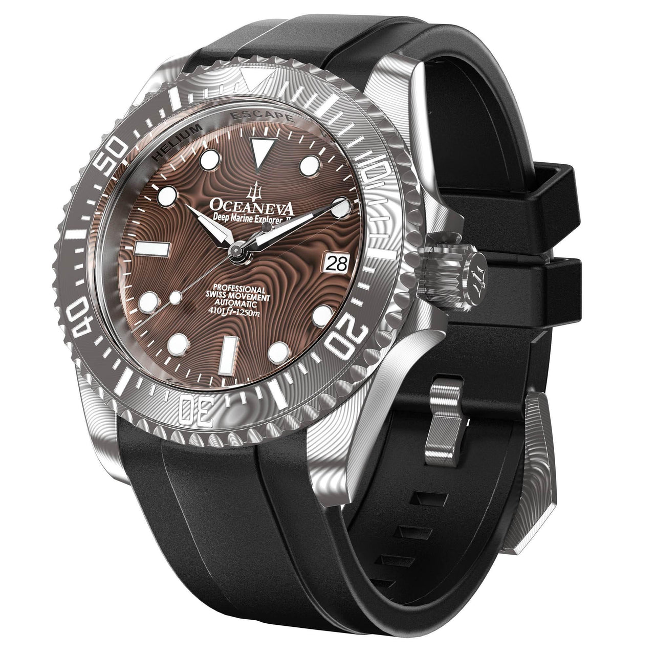 Oceaneva Mens Deep Marine Explorer II Coffee Brown Damascus Steel Dial Watch Rubber - DM200CFDM Automatic watches, Black FKM rubber strap, damascus steel, Damascus Steel Watch, Diver watch