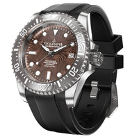 Thumbnail for Oceaneva Mens Deep Marine Explorer II Coffee Brown Damascus Steel Dial Watch Rubber - DM200CFDM Automatic watches, Black FKM rubber strap, damascus steel, Damascus Steel Watch, Diver watch