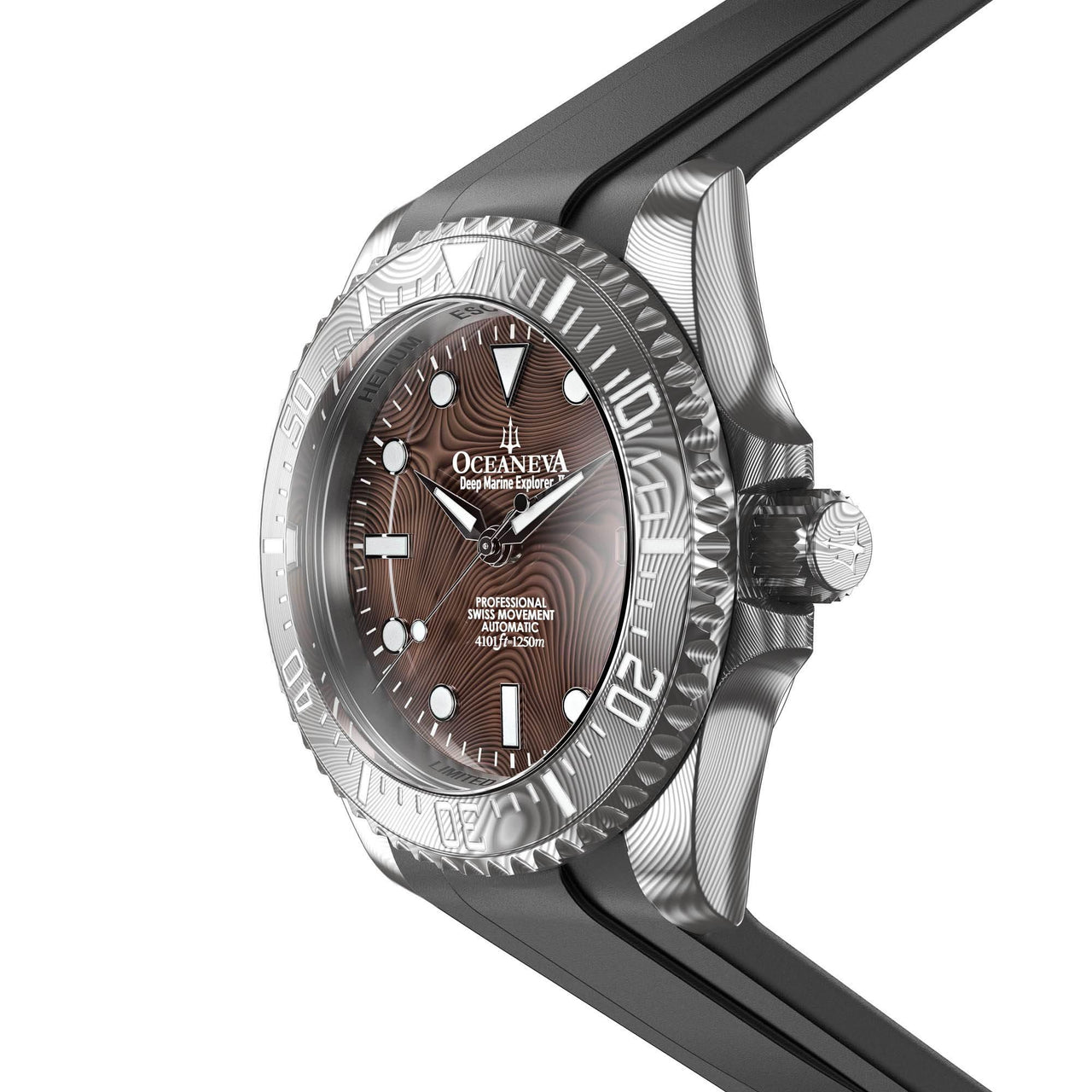 Oceaneva Mens Deep Marine Explorer II Coffee Brown Damascus Steel Dial Watch Rubber - DM200CFDM Automatic watches, Black FKM rubber strap, damascus steel, Damascus Steel Watch, Diver watch