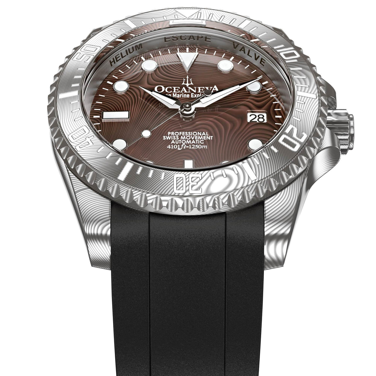 Oceaneva Mens Deep Marine Explorer II Coffee Brown Damascus Steel Dial Watch Rubber - DM200CFDM Automatic watches, Black FKM rubber strap, damascus steel, Damascus Steel Watch, Diver watch