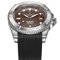 Thumbnail for Oceaneva Mens Deep Marine Explorer II Coffee Brown Damascus Steel Dial Watch Rubber - DM200CFDM Automatic watches, Black FKM rubber strap, damascus steel, Damascus Steel Watch, Diver watch