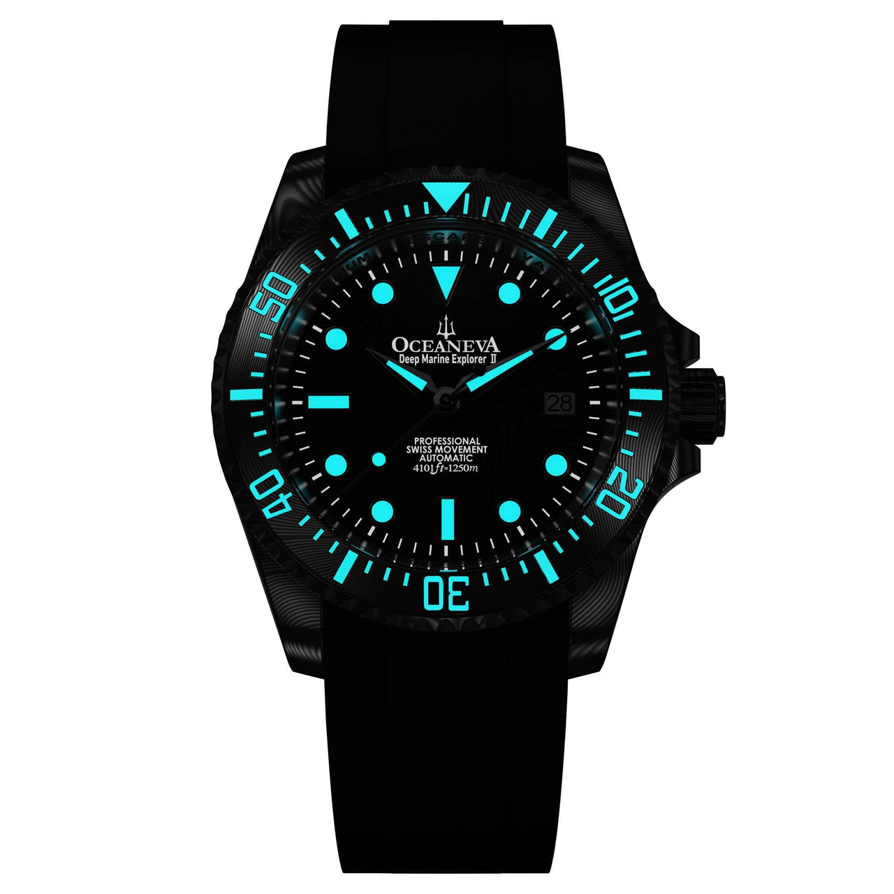 Oceaneva Mens Deep Marine Explorer II Coffee Brown Damascus Steel Dial Watch Rubber - DM200CFDM Automatic watches, Black FKM rubber strap, damascus steel, Damascus Steel Watch, Diver watch