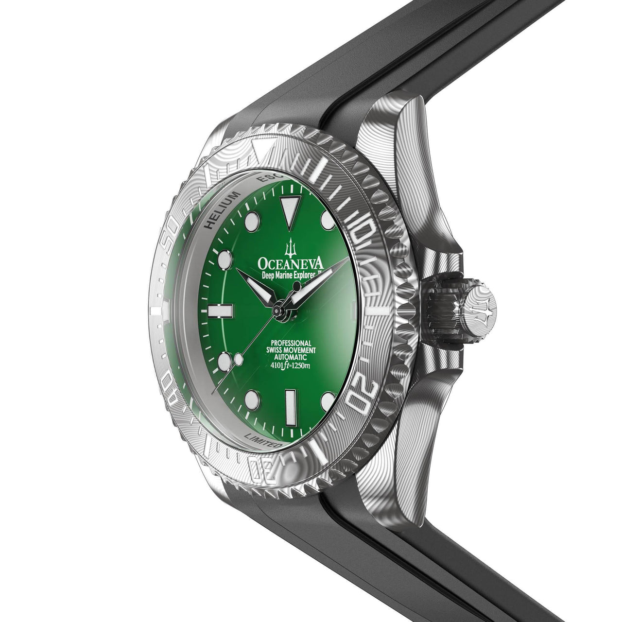 Oceaneva Mens Deep Marine Explorer II Damascus Steel Watch Green Dial - DM200GR Automatic watches, Black FKM rubber strap, damascus steel, Damascus Steel Watch, Diver watch