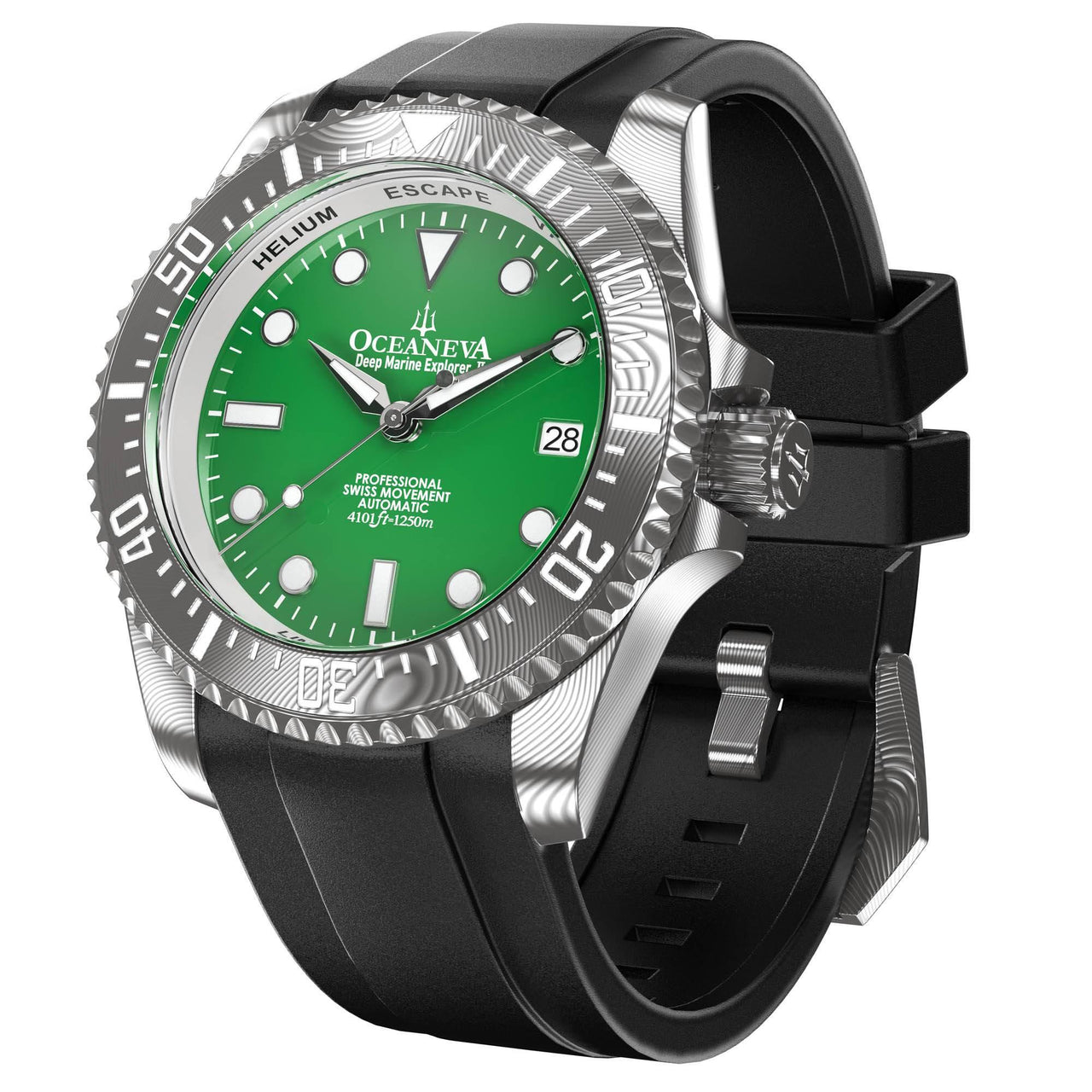 Oceaneva Mens Deep Marine Explorer II Damascus Steel Watch Green Dial - DM200GR Automatic watches, Black FKM rubber strap, damascus steel, Damascus Steel Watch, Diver watch