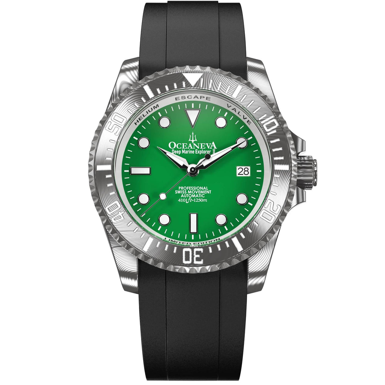 Oceaneva Mens Deep Marine Explorer II Damascus Steel Watch Green Dial - DM200GR Automatic watches, Black FKM rubber strap, damascus steel, Damascus Steel Watch, Diver watch