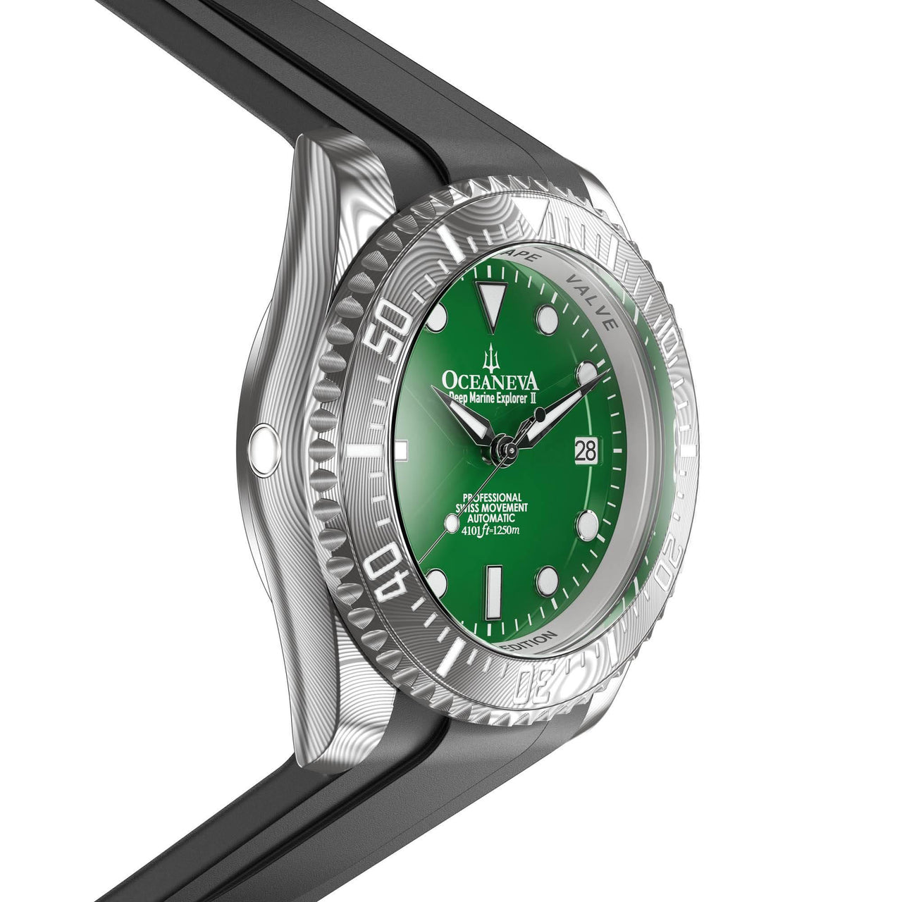 Oceaneva Mens Deep Marine Explorer II Damascus Steel Watch Green Dial - DM200GR Automatic watches, Black FKM rubber strap, damascus steel, Damascus Steel Watch, Diver watch