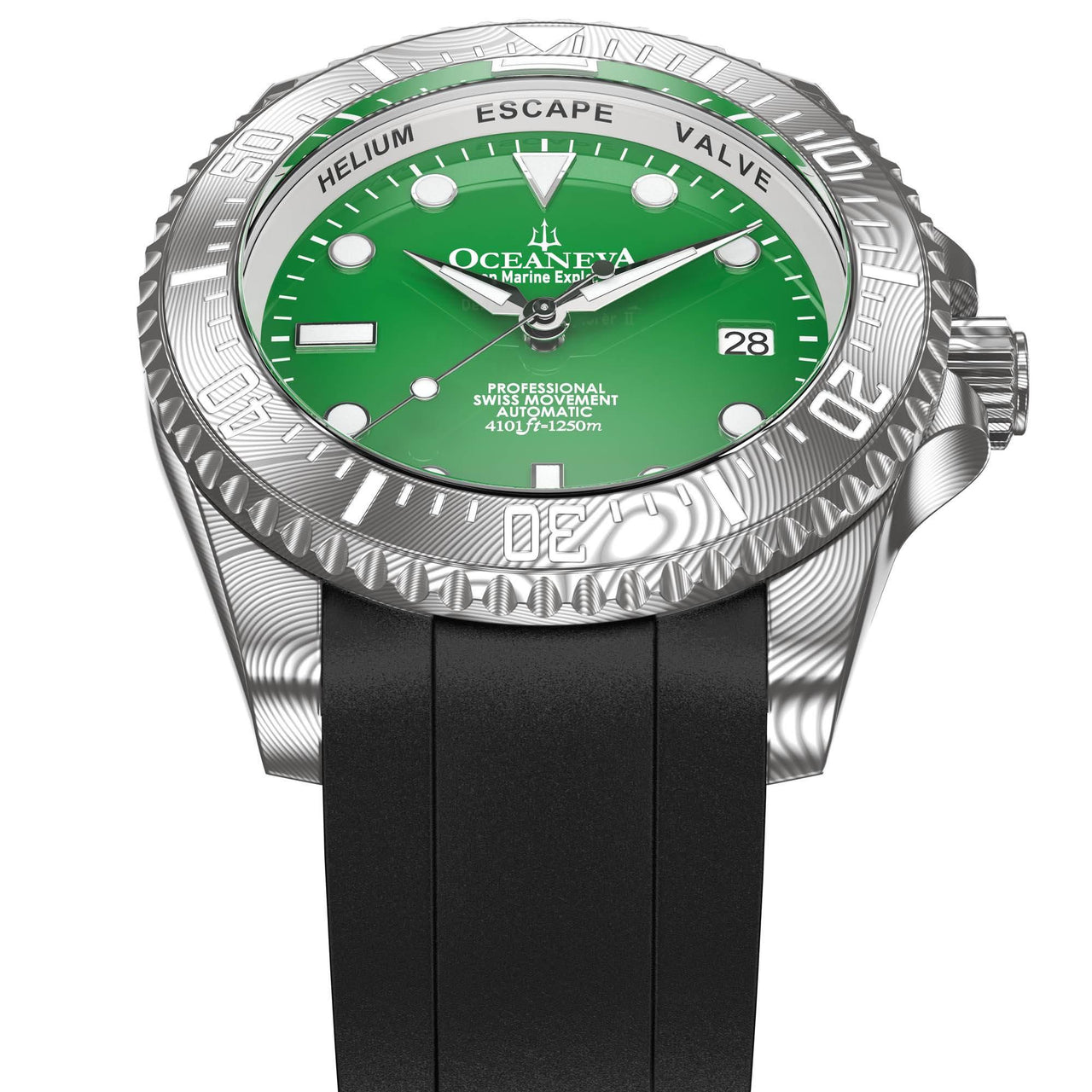 Oceaneva Mens Deep Marine Explorer II Damascus Steel Watch Green Dial - DM200GR Automatic watches, Black FKM rubber strap, damascus steel, Damascus Steel Watch, Diver watch