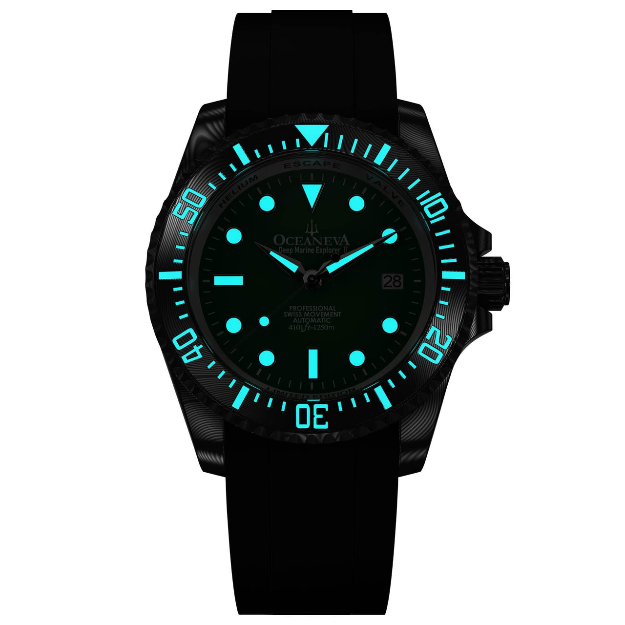 Oceaneva Mens Deep Marine Explorer II Damascus Steel Watch Green Dial - DM200GR Automatic watches, Black FKM rubber strap, damascus steel, Damascus Steel Watch, Diver watch