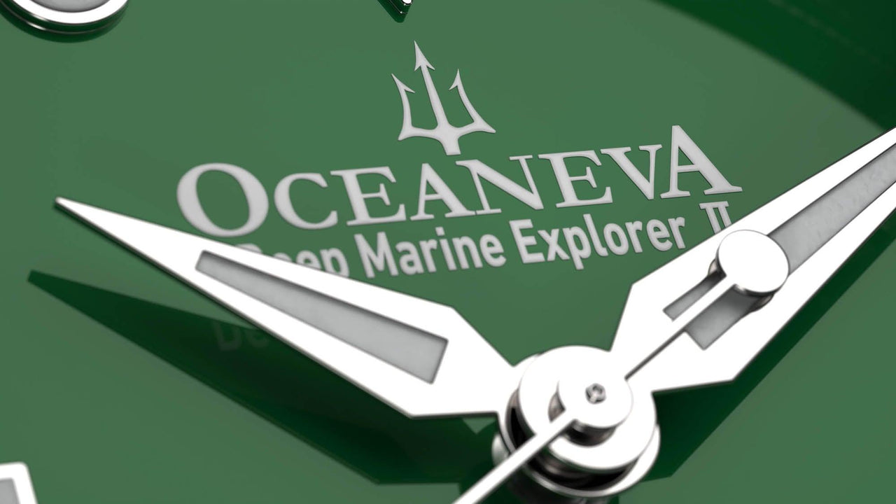 Oceaneva Mens Deep Marine Explorer II Damascus Steel Watch Green Dial - DM200GR Automatic watches, Black FKM rubber strap, damascus steel, Damascus Steel Watch, Diver watch