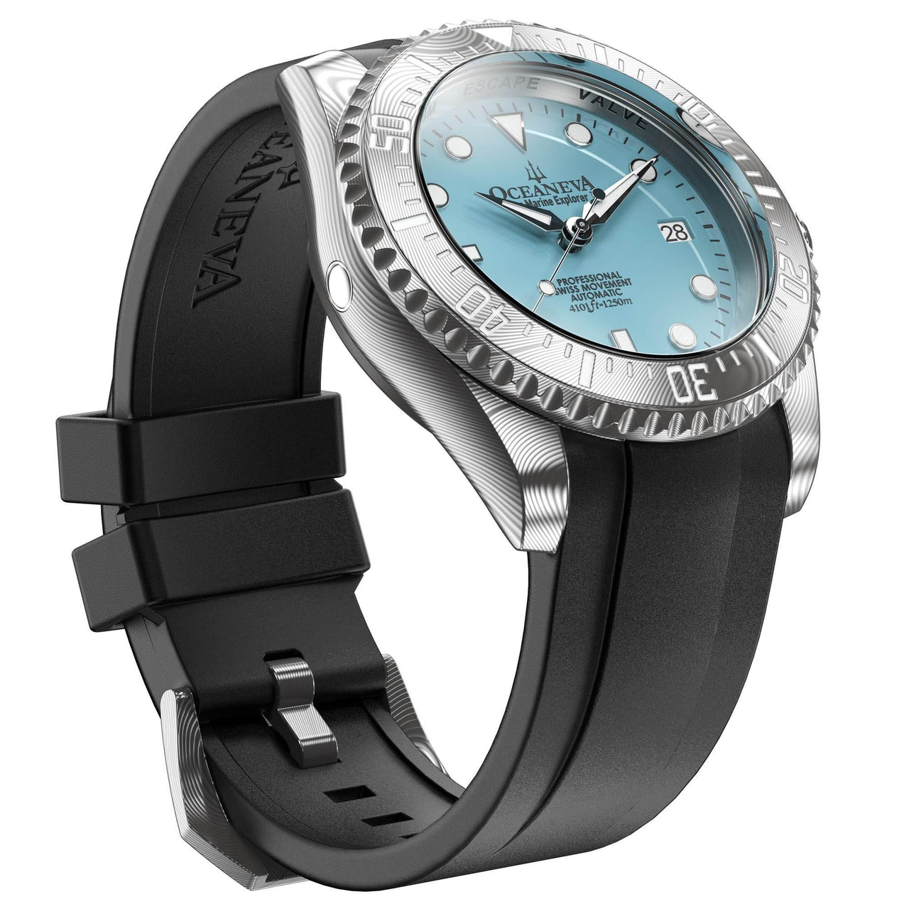 Oceaneva Mens Deep Marine Explorer II Sky Blue Dial Damascus Steel Watch - DM200LBL-BlackStrap Automatic watches, Black FKM rubber strap, damascus steel, Damascus Steel Watch, Diver watch