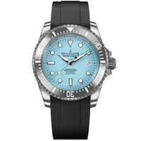 Thumbnail for Oceaneva Mens Deep Marine Explorer II Sky Blue Dial Damascus Steel Watch - DM200LBL-BlackStrap Automatic watches, Black FKM rubber strap, damascus steel, Damascus Steel Watch, Diver watch