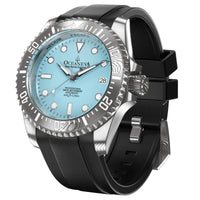 Thumbnail for Oceaneva Mens Deep Marine Explorer II Sky Blue Dial Damascus Steel Watch - DM200LBL-BlackStrap Automatic watches, Black FKM rubber strap, damascus steel, Damascus Steel Watch, Diver watch