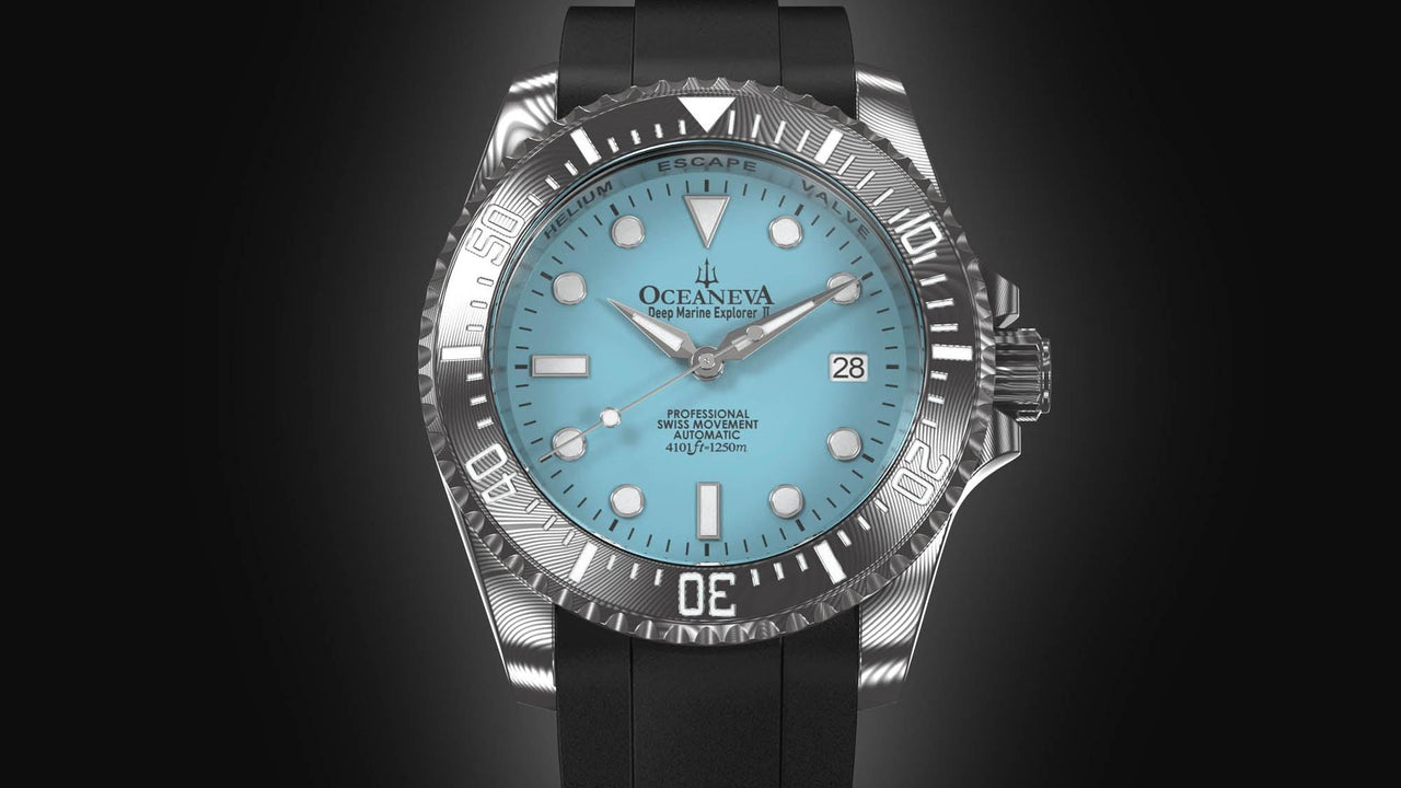 Oceaneva Mens Deep Marine Explorer II Sky Blue Dial Damascus Steel Watch - DM200LBL-BlackStrap Automatic watches, Black FKM rubber strap, damascus steel, Damascus Steel Watch, Diver watch