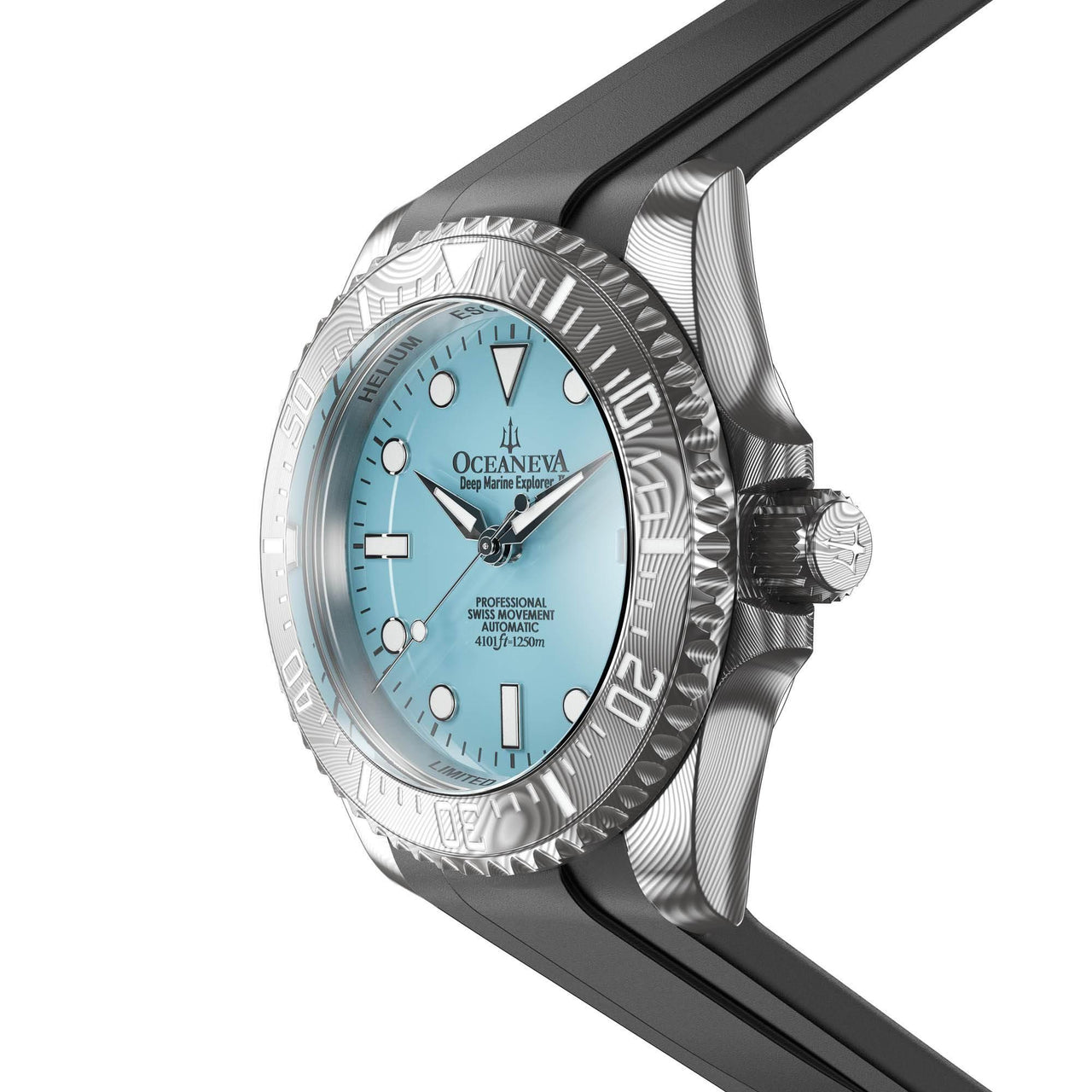 Oceaneva Mens Deep Marine Explorer II Sky Blue Dial Damascus Steel Watch - DM200LBL-BlackStrap Automatic watches, Black FKM rubber strap, damascus steel, Damascus Steel Watch, Diver watch