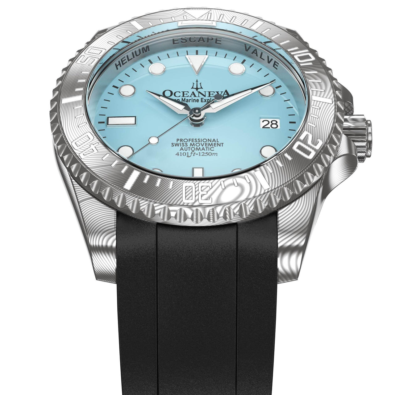 Oceaneva Mens Deep Marine Explorer II Sky Blue Dial Damascus Steel Watch - DM200LBL-BlackStrap Automatic watches, Black FKM rubber strap, damascus steel, Damascus Steel Watch, Diver watch