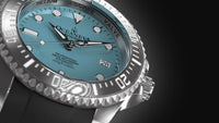 Thumbnail for Oceaneva Mens Deep Marine Explorer II Sky Blue Dial Damascus Steel Watch - DM200LBL-BlackStrap Automatic watches, Black FKM rubber strap, damascus steel, Damascus Steel Watch, Diver watch