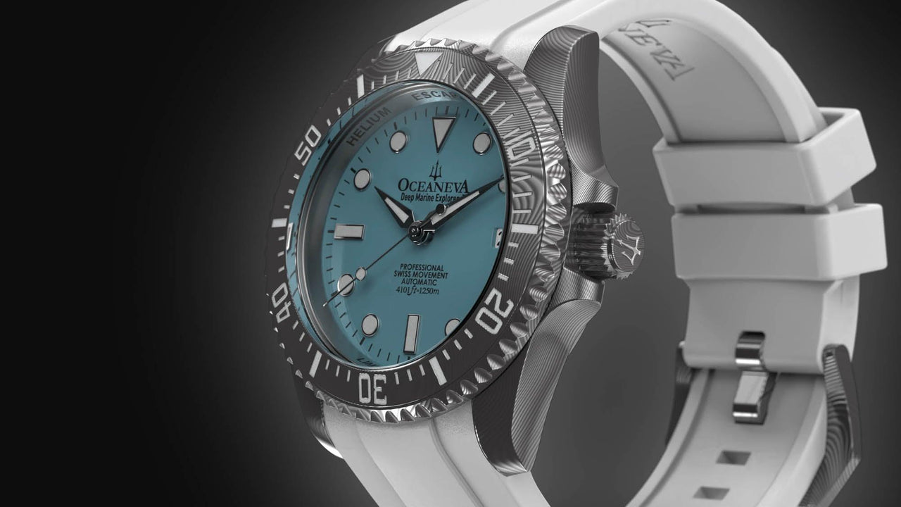 Oceaneva Mens Deep Marine Explorer II Damascus Steel Watch Sky Blue Dial White Rubber - DM200LBL-WhiteStrap Automatic watches, damascus steel, Damascus Steel Watch, Diver watch, White FKM rubber strap