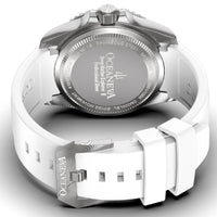 Thumbnail for Oceaneva Mens Deep Marine Explorer II Damascus Steel Watch Sky Blue Dial White Rubber - DM200LBL-WhiteStrap Automatic watches, damascus steel, Damascus Steel Watch, Diver watch, White FKM rubber strap