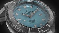Thumbnail for Oceaneva Mens Deep Marine Explorer II Damascus Steel Watch Sky Blue Dial White Rubber - DM200LBL-WhiteStrap Automatic watches, damascus steel, Damascus Steel Watch, Diver watch, White FKM rubber strap