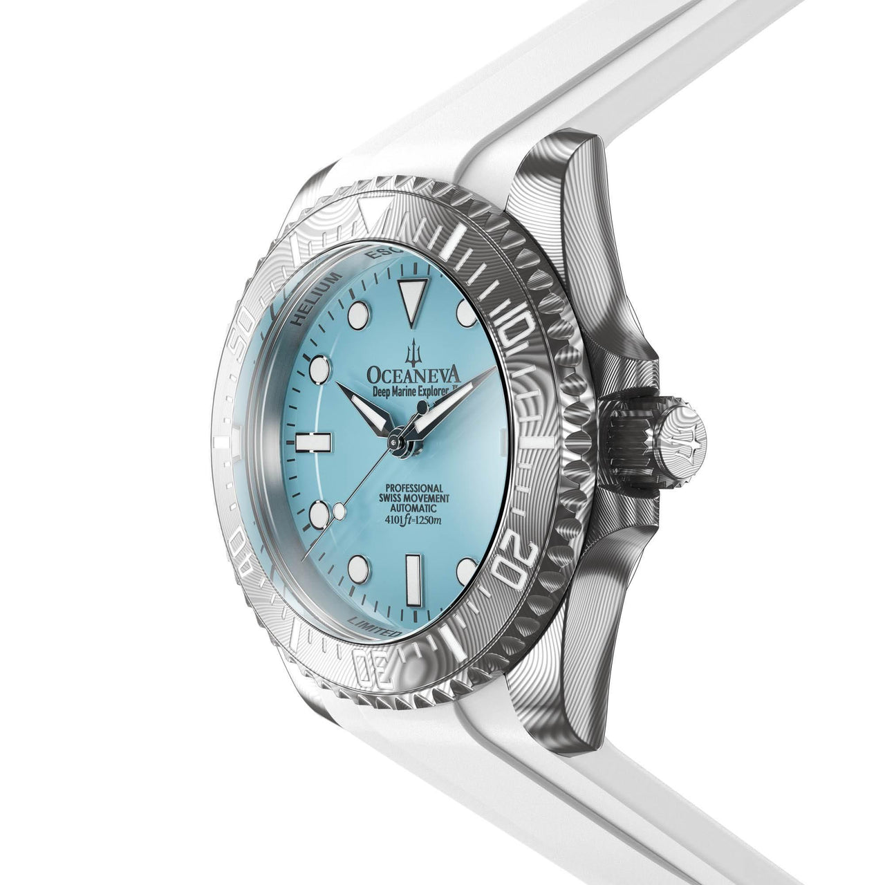 Oceaneva Mens Deep Marine Explorer II Damascus Steel Watch Sky Blue Dial White Rubber - DM200LBL-WhiteStrap Automatic watches, damascus steel, Damascus Steel Watch, Diver watch, White FKM rubber strap