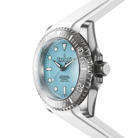 Thumbnail for Oceaneva Mens Deep Marine Explorer II Damascus Steel Watch Sky Blue Dial White Rubber - DM200LBL-WhiteStrap Automatic watches, damascus steel, Damascus Steel Watch, Diver watch, White FKM rubber strap