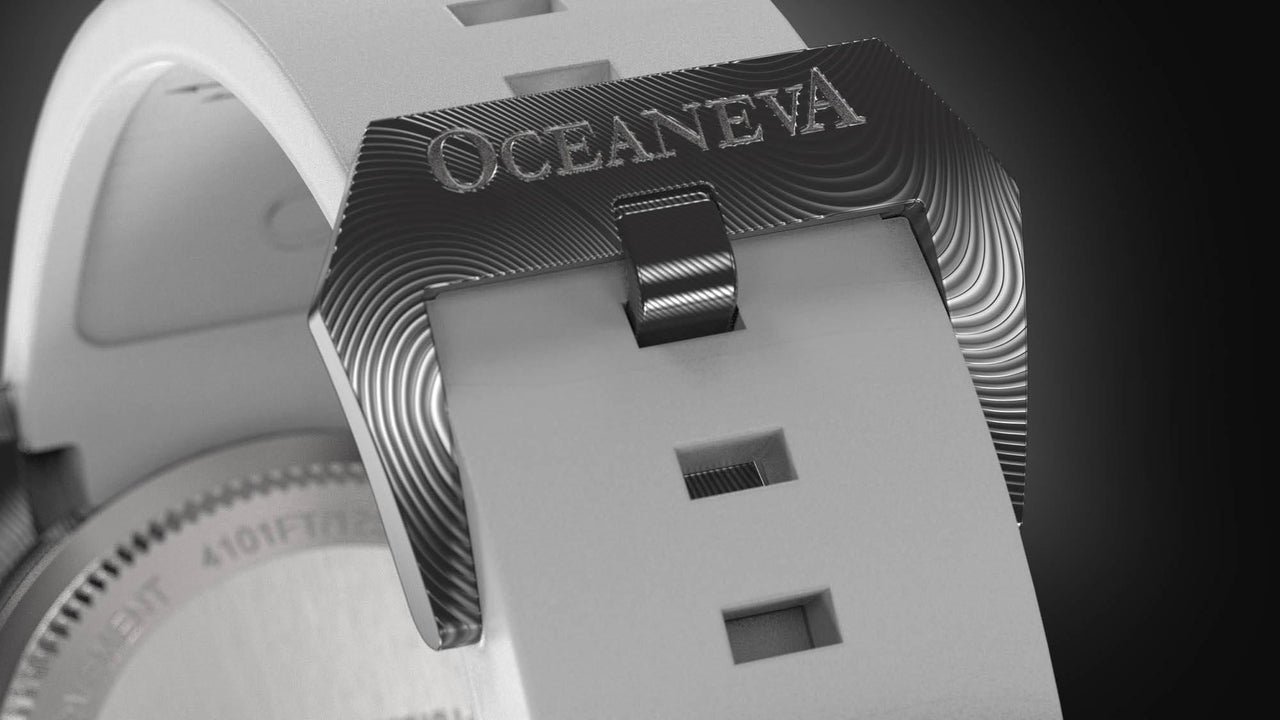 Oceaneva Mens Deep Marine Explorer II Damascus Steel Watch Sky Blue Dial White Rubber - DM200LBL-WhiteStrap Automatic watches, damascus steel, Damascus Steel Watch, Diver watch, White FKM rubber strap