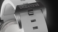 Thumbnail for Oceaneva Mens Deep Marine Explorer II Damascus Steel Watch Sky Blue Dial White Rubber - DM200LBL-WhiteStrap Automatic watches, damascus steel, Damascus Steel Watch, Diver watch, White FKM rubber strap