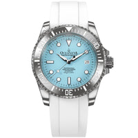 Thumbnail for Oceaneva Mens Deep Marine Explorer II Damascus Steel Watch Sky Blue Dial White Rubber - DM200LBL-WhiteStrap Automatic watches, damascus steel, Damascus Steel Watch, Diver watch, White FKM rubber strap