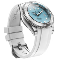 Thumbnail for Oceaneva Mens Deep Marine Explorer II Damascus Steel Watch Sky Blue Dial White Rubber - DM200LBL-WhiteStrap Automatic watches, damascus steel, Damascus Steel Watch, Diver watch, White FKM rubber strap