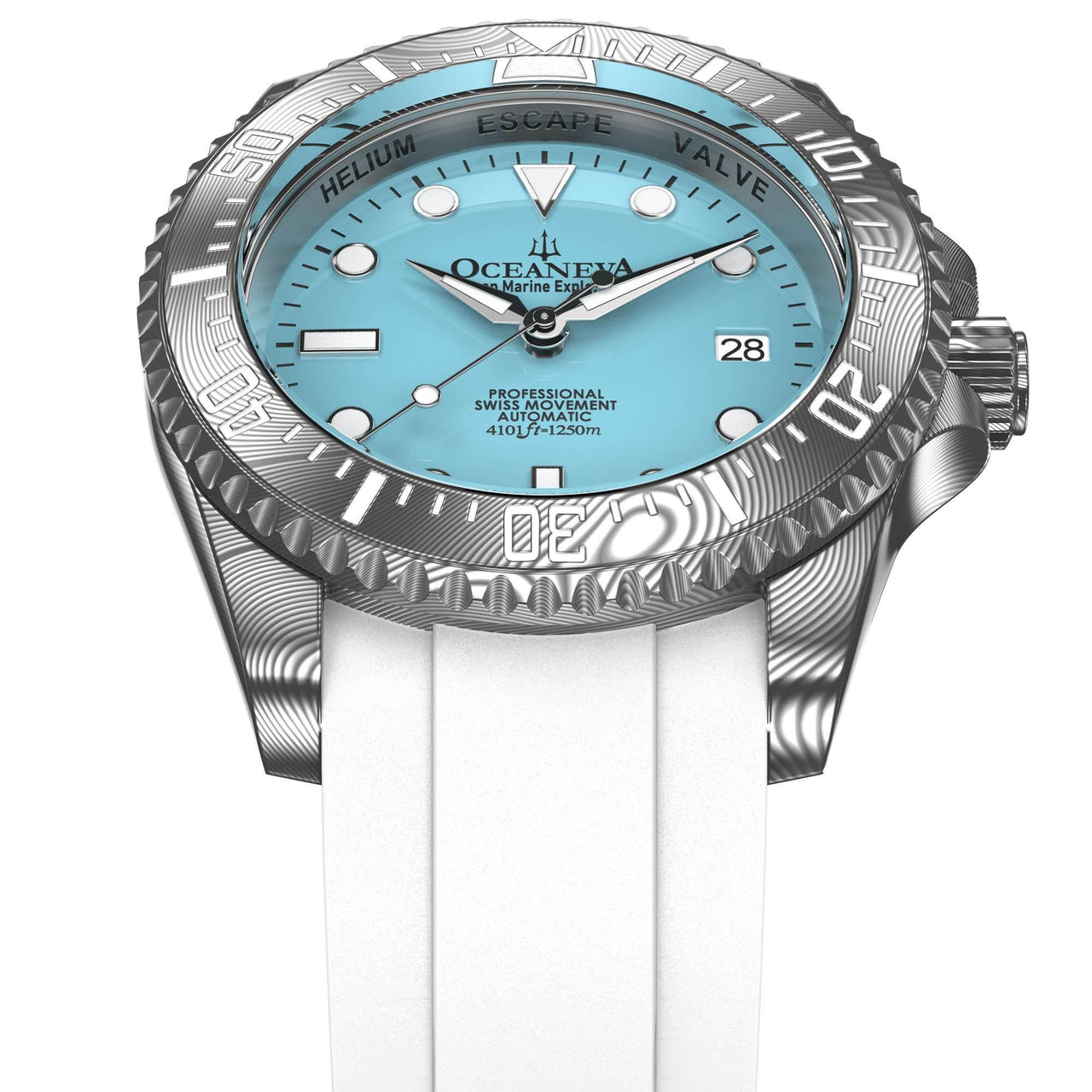 Oceaneva Mens Deep Marine Explorer II Damascus Steel Watch Sky Blue Dial White Rubber - DM200LBL-WhiteStrap Automatic watches, damascus steel, Damascus Steel Watch, Diver watch, White FKM rubber strap