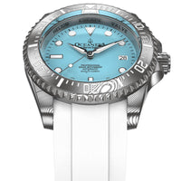 Thumbnail for Oceaneva Mens Deep Marine Explorer II Damascus Steel Watch Sky Blue Dial White Rubber - DM200LBL-WhiteStrap Automatic watches, damascus steel, Damascus Steel Watch, Diver watch, White FKM rubber strap