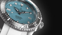 Thumbnail for Oceaneva Mens Deep Marine Explorer II Damascus Steel Watch Sky Blue Dial White Rubber - DM200LBL-WhiteStrap Automatic watches, damascus steel, Damascus Steel Watch, Diver watch, White FKM rubber strap