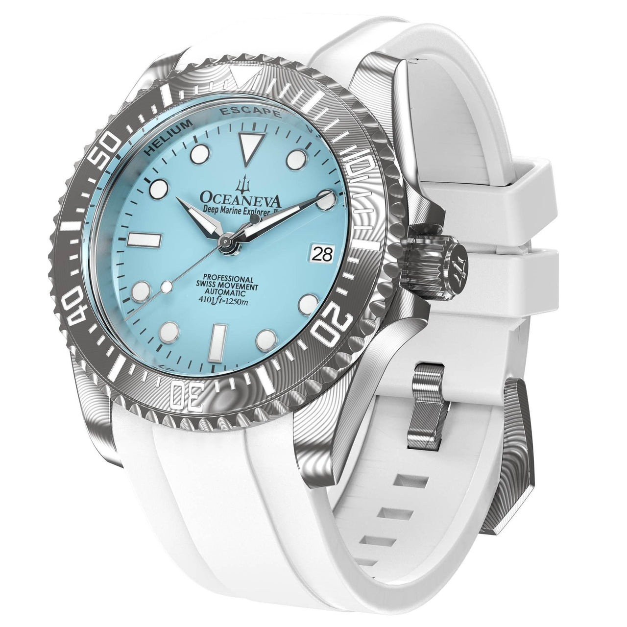 Oceaneva Mens Deep Marine Explorer II Damascus Steel Watch Sky Blue Dial White Rubber - DM200LBL-WhiteStrap Automatic watches, damascus steel, Damascus Steel Watch, Diver watch, White FKM rubber strap