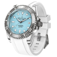 Thumbnail for Oceaneva Mens Deep Marine Explorer II Damascus Steel Watch Sky Blue Dial White Rubber - DM200LBL-WhiteStrap Automatic watches, damascus steel, Damascus Steel Watch, Diver watch, White FKM rubber strap