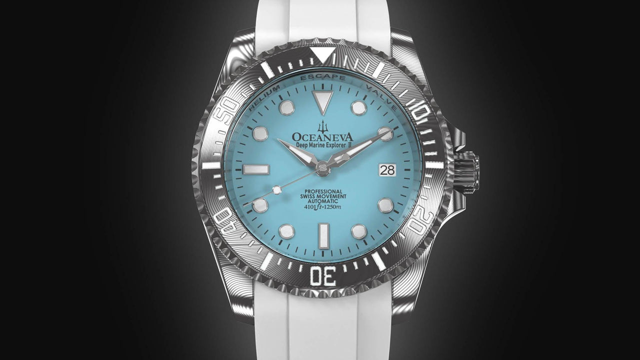 Oceaneva Mens Deep Marine Explorer II Damascus Steel Watch Sky Blue Dial White Rubber - DM200LBL-WhiteStrap Automatic watches, damascus steel, Damascus Steel Watch, Diver watch, White FKM rubber strap