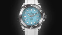Thumbnail for Oceaneva Mens Deep Marine Explorer II Damascus Steel Watch Sky Blue Dial White Rubber - DM200LBL-WhiteStrap Automatic watches, damascus steel, Damascus Steel Watch, Diver watch, White FKM rubber strap